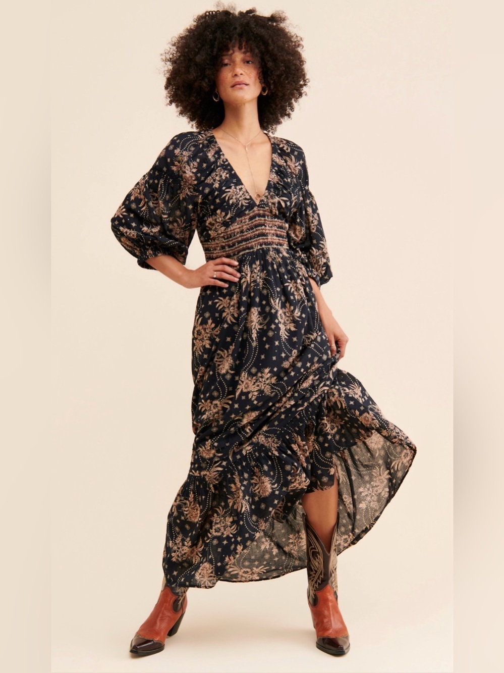 Free People Golden Hour Maxi Dress Black Floral Embroidered Boho, fall dress